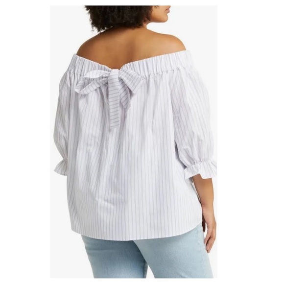 Harshman Coastal Gruner Off Shoulder Linen Blend Top White & Lavender Stripe 3X - Picture 1 of 13